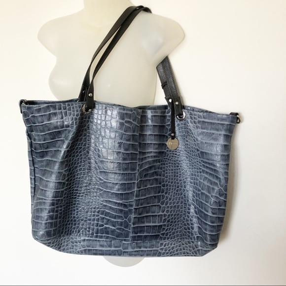Fiore Italy Womens Blue Leather Croc Embossed Large Leather Adjustable Bag - Picture 3 of 16
